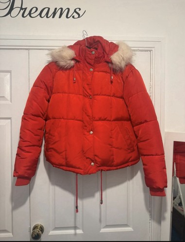 Red puffer jacket faux - puffer,