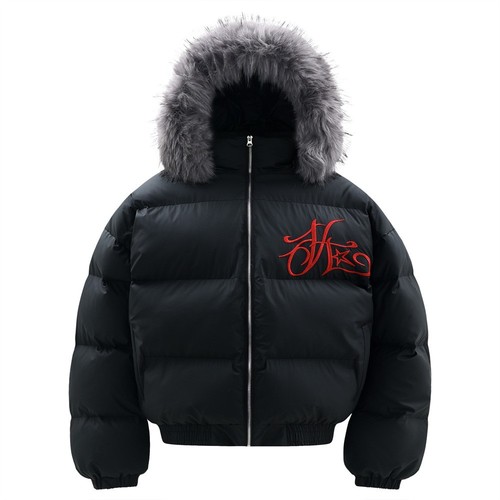 Embroidered puffer jacket fur - embroidered,