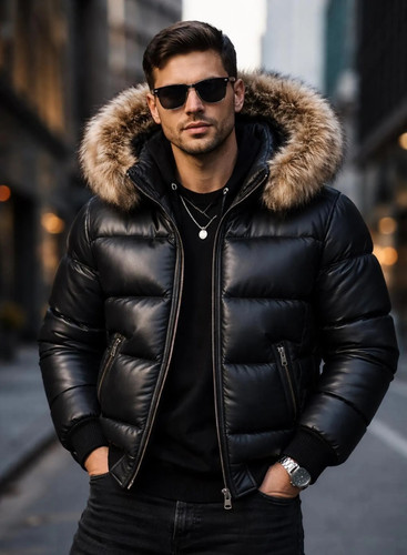 Men leather puffer jacket - men's,