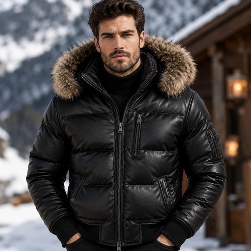 Men black leather puffer - black,