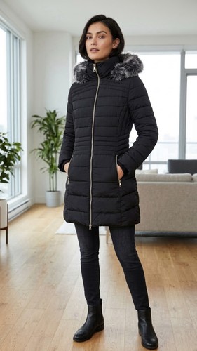 Black puffer coat faux - coat,